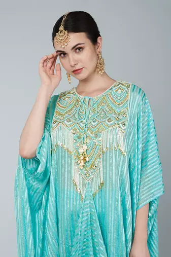 Turquoise embellished kaftan set