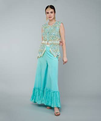 Turquoise embellished tunic set 1
