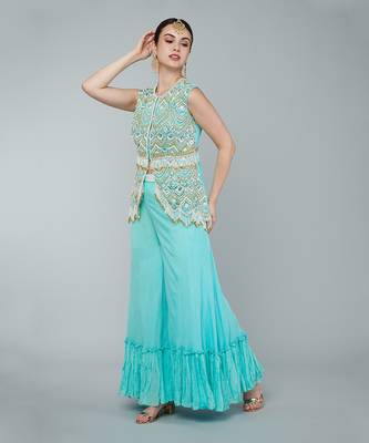 Turquoise embellished tunic set 2
