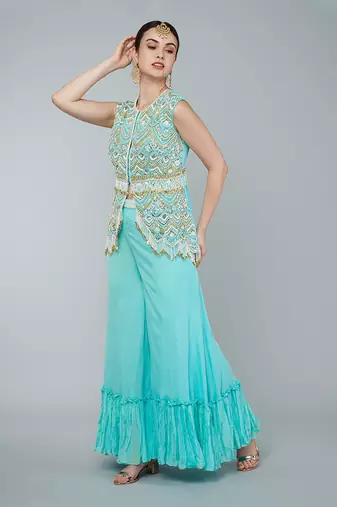 Turquoise embellished tunic set