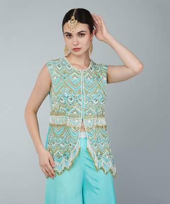 Turquoise embellished tunic set 3
