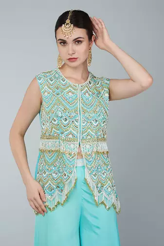 Turquoise embellished tunic set