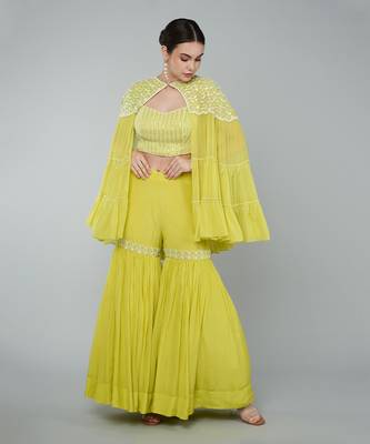 Yellow sequin embellished cape set 1