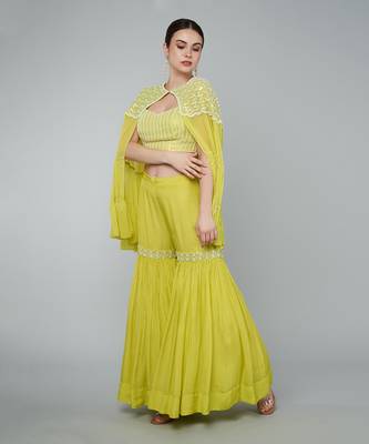 Yellow sequin embellished cape set 2