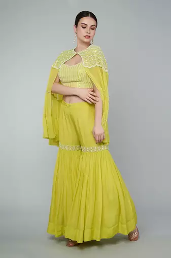 Yellow sequin embellished cape set