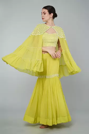 Yellow sequin embellished cape set