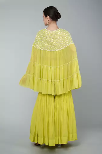 Yellow sequin embellished cape set