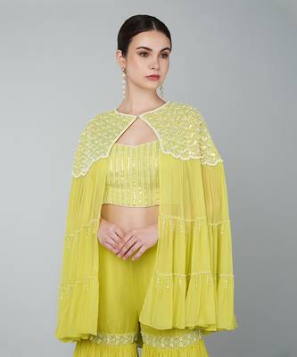 Yellow sequin embellished cape set 5