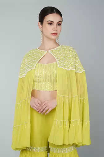 Yellow sequin embellished cape set