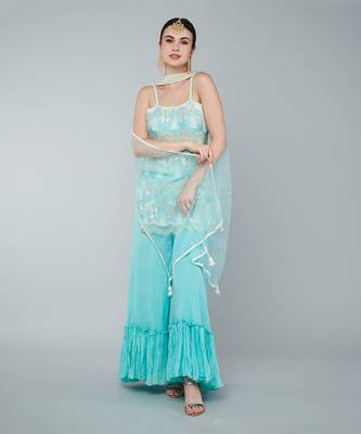 Turquoise sequin embellished kurta set 1