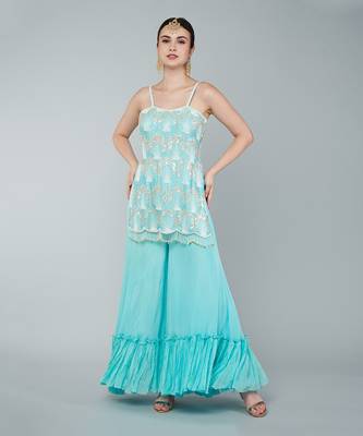 Turquoise sequin embellished kurta set 2
