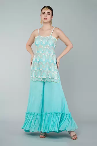 Turquoise sequin embellished kurta set