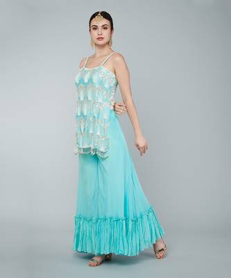 Turquoise sequin embellished kurta set 3
