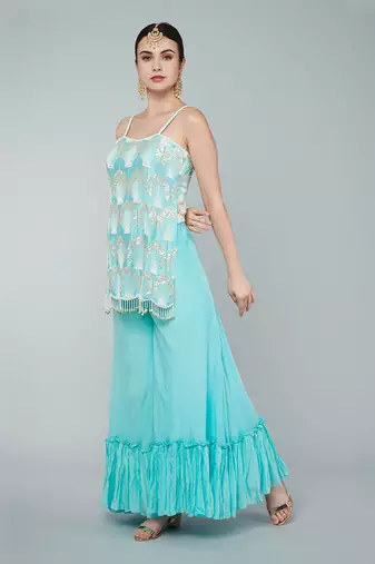 Turquoise sequin embellished kurta set