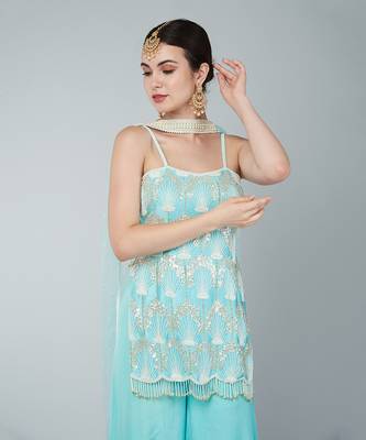 Turquoise sequin embellished kurta set 5