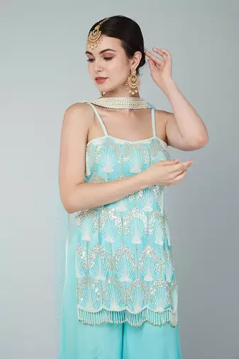 Turquoise sequin embellished kurta set