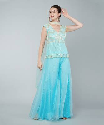 Turquoise sequin embellished tunic set 1
