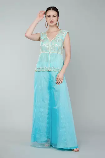 Turquoise sequin embellished tunic set