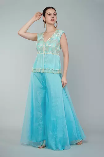 Turquoise sequin embellished tunic set