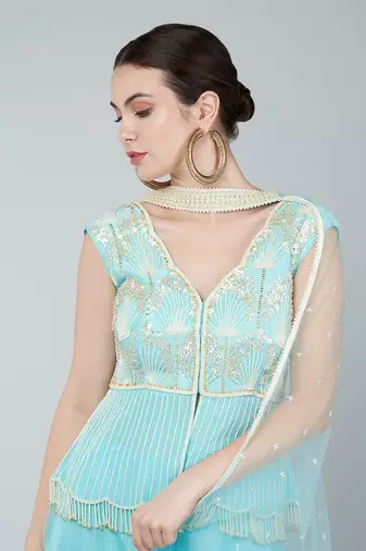 Turquoise sequin embellished tunic set
