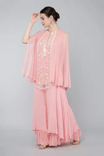 Pink panel cape plazzo set
