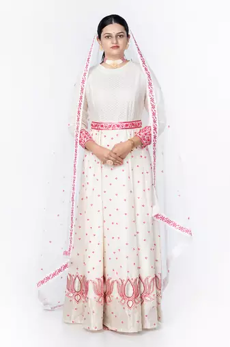 White  Embroidered Chanderi Silk Lehenga