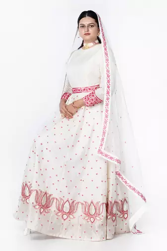 White  Embroidered Chanderi Silk Lehenga