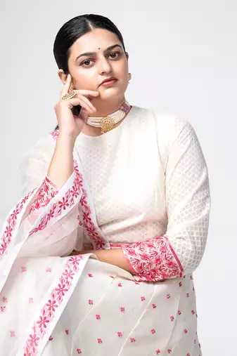 White  Embroidered Chanderi Silk Lehenga