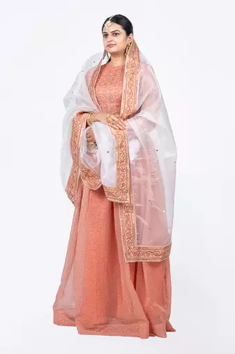Peach Chanderi Silk Gathered Lehenga