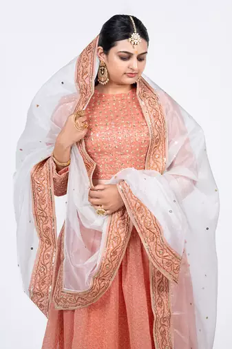 Peach Chanderi Silk Gathered Lehenga