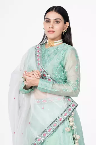 Sea Green Chanderi Silk Lehenga