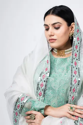 Sea Green Chanderi Silk Lehenga