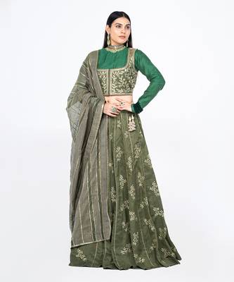 Seawod Green Chanderi Silk Lehenga 2