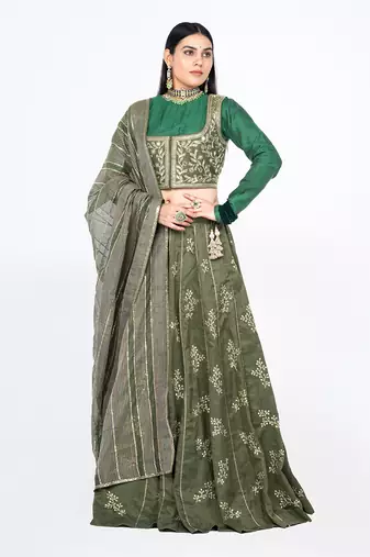 Seawod Green Chanderi Silk Lehenga