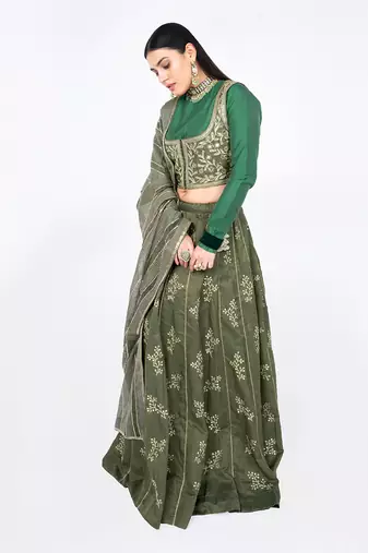 Seawod Green Chanderi Silk Lehenga