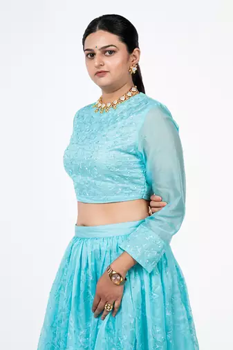 Arctic Blue Chanderi Silk Lehenga