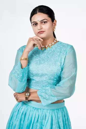 Arctic Blue Chanderi Silk Lehenga