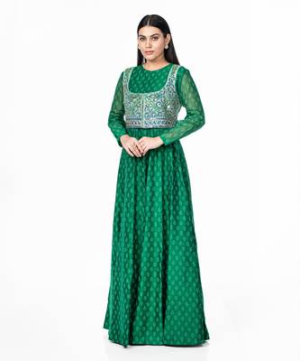 Emerald green chanderi silk gown 1