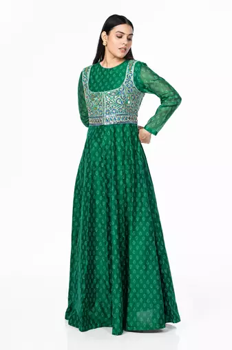 Emerald green chanderi silk gown