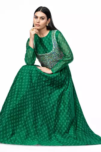Emerald green chanderi silk gown