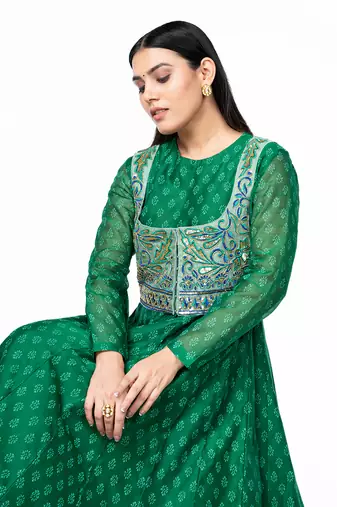 Emerald green chanderi silk gown