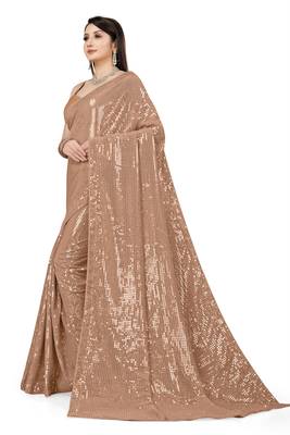 Beige Color Sequins Embroidered Bollywood Georgette Saree With Blouse 2