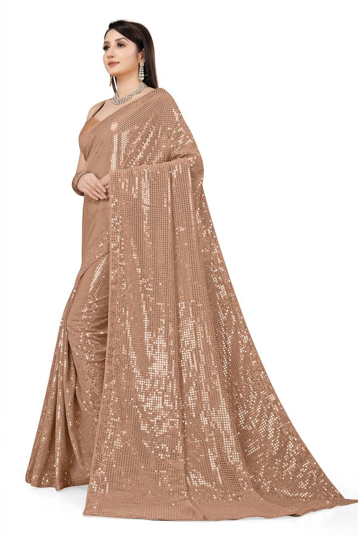 Beige Color Sequins Embroidered Bollywood Georgette Saree With Blouse