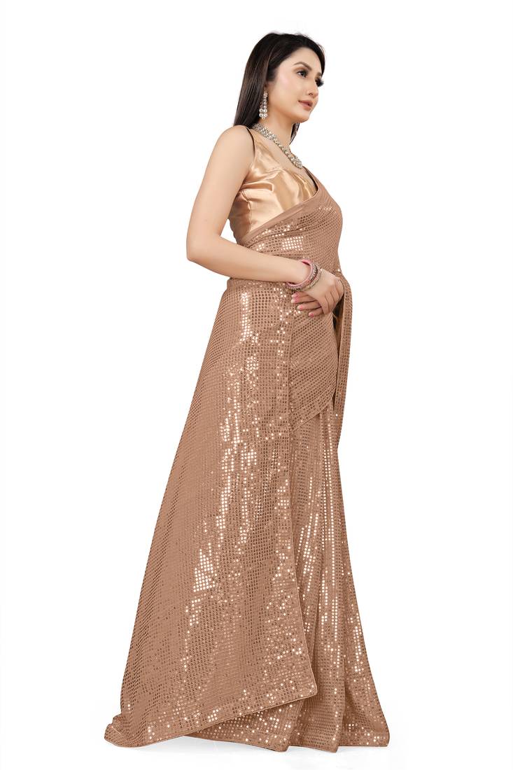 Beige Color Sequins Embroidered Bollywood Georgette Saree With Blouse