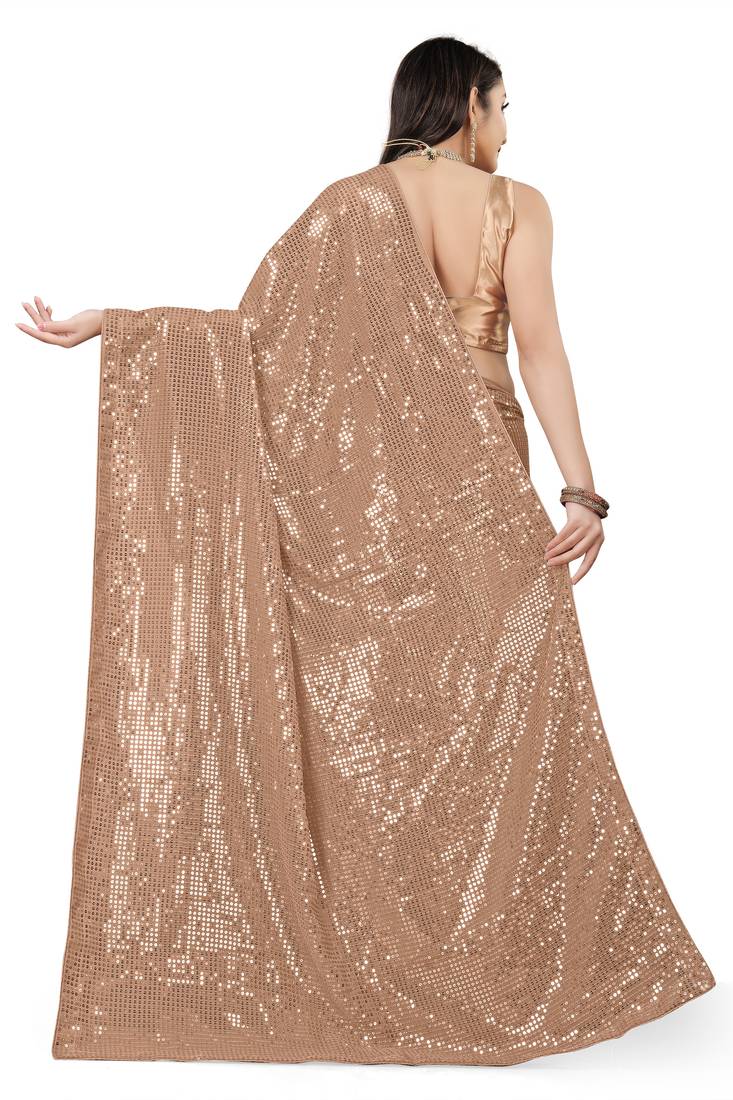 Beige Color Sequins Embroidered Bollywood Georgette Saree With Blouse
