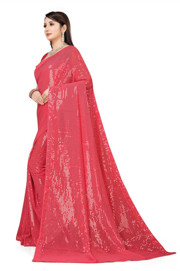 Gajri Color Sequins Embroidered Bollywood Georgette Saree With Blouse