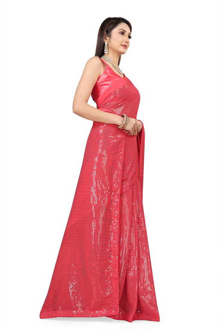 Gajri Color Sequins Embroidered Bollywood Georgette Saree With Blouse