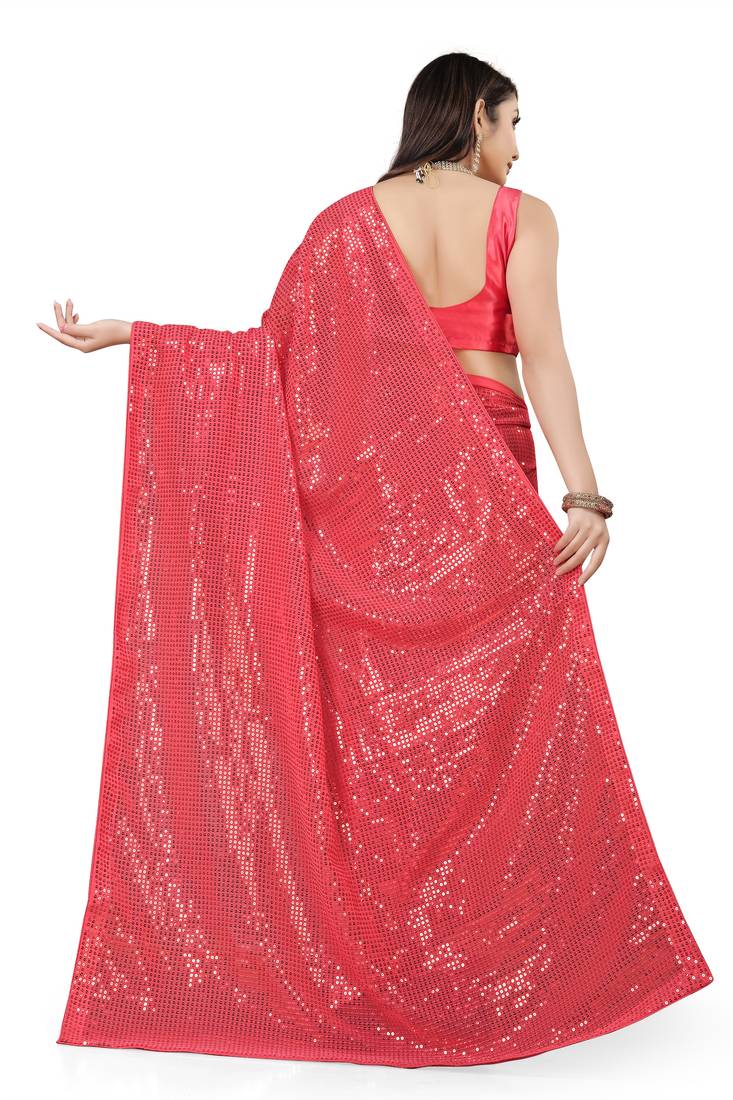 Gajri Color Sequins Embroidered Bollywood Georgette Saree With Blouse