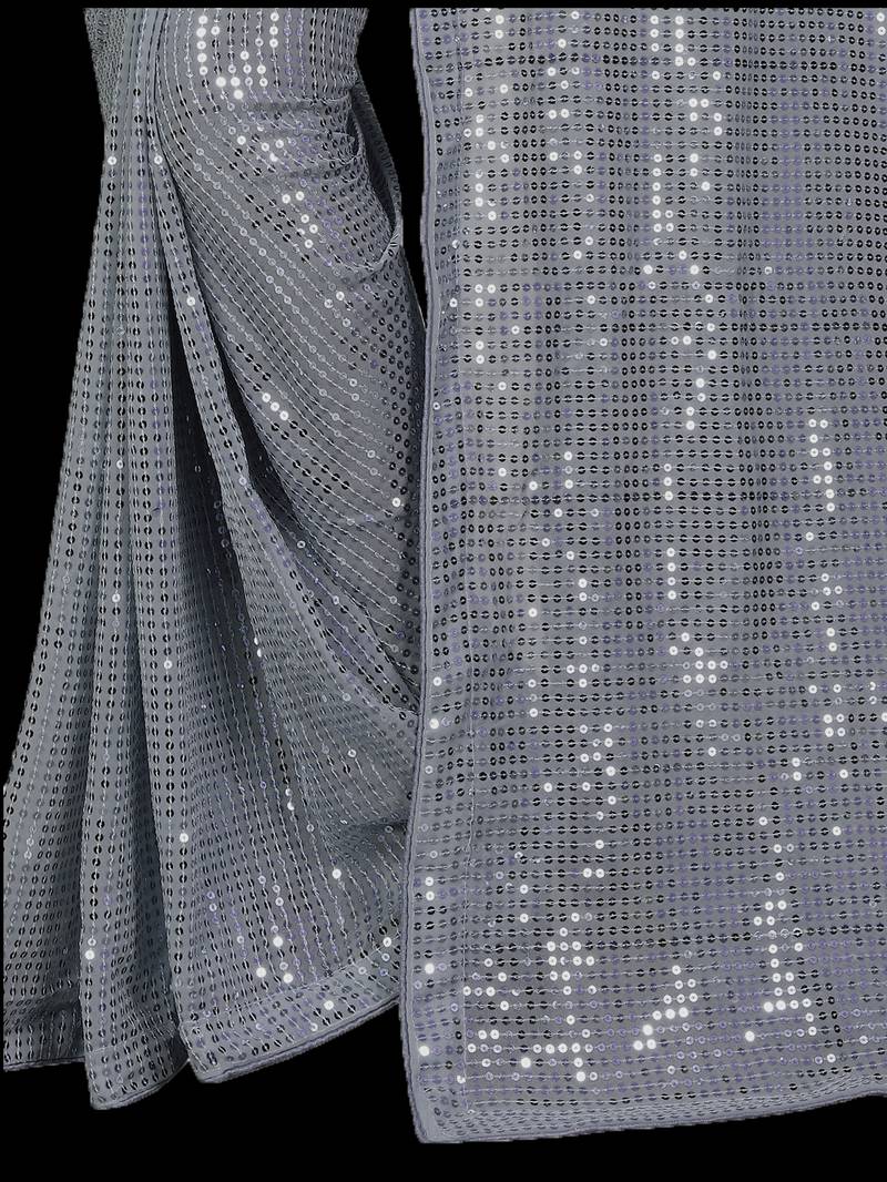 Grey Color Sequins Embroidered Bollywood Georgette Saree With Blouse