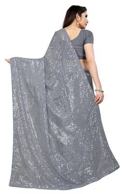 Grey Color Sequins Embroidered Bollywood Georgette Saree With Blouse 3